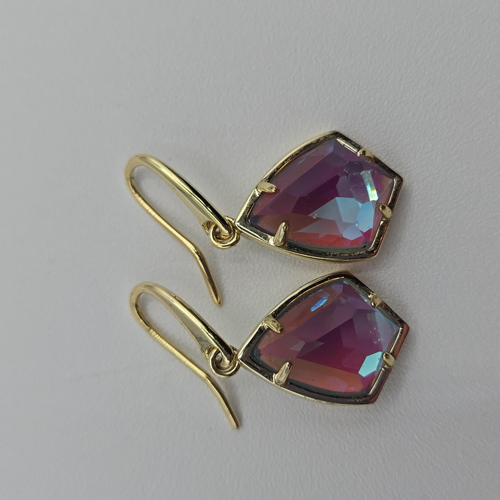 Kendra Scott Elle Gold Drop Earrings Dichroic Glass 18k Gold Over Brass - Picture 2 of 4